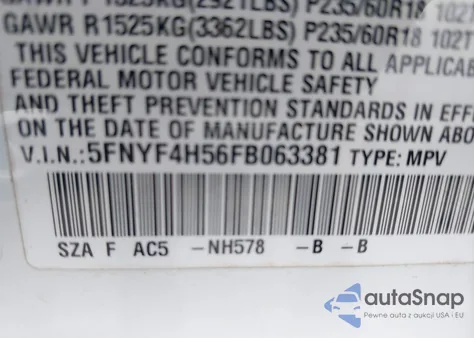 2015 Honda Pilot Ex-L z USA, uszkodzony, nr VIN 5FNYF4H56FB063381